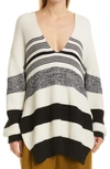 Proenza Schouler White Label Lofty Striped Oversized V-neck Sweater In Ecru/ Black