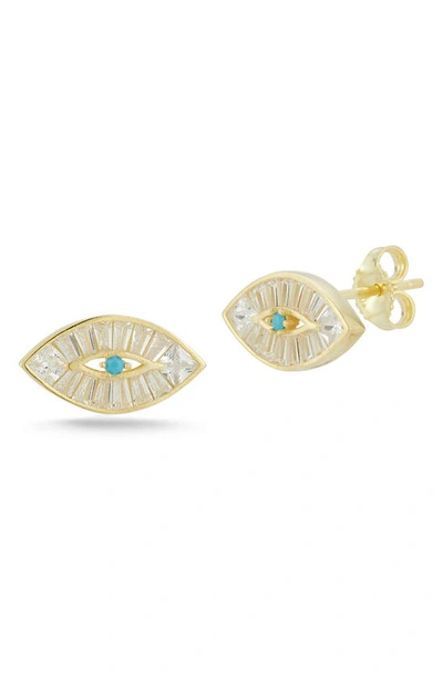 Sphera Milano 14k Over Silver Synthetic Turquoise Cz Evil Eye Earrings In Yellow Gold