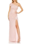 Mac Duggal Pearl Embellished Soft Tie One Shoulder Gown In Pink