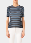 Akris Punto Striped Short-sleeve Merino Wool Rib Pullover In Denim Cream Black