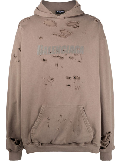 Balenciaga Logo Print Distressed-finish Hoodie In Grau | ModeSens