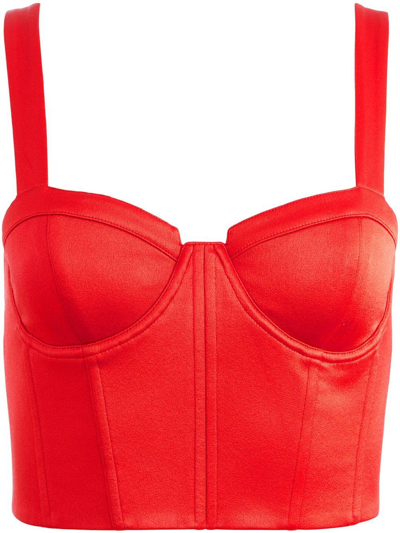 Alice And Olivia Jeanna Bustier Smocked-back Crop Top In Bright Poppy