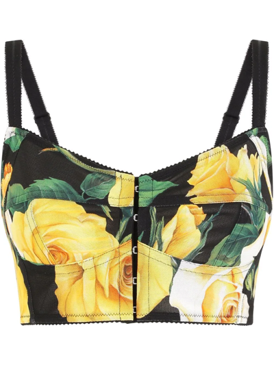 Dolce & Gabbana Marquisette Top With Yellow Rose Print In Multicolor