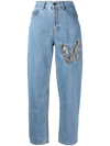 Area Crystal Cutout Butterfly High Waist Crop Straight Leg Jeans In Blau