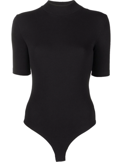 Saint Laurent Ribbed-knit Short-sleeve Bodysuit In Black