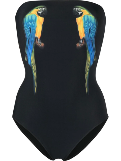 Saint Laurent Parrot Print High-cut Swimsuit In Schwarz
