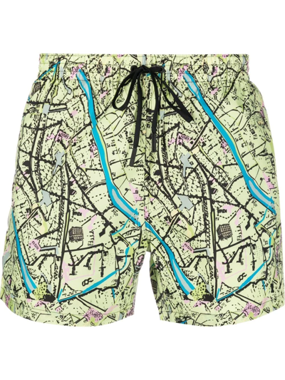 Fendi Map-print Regular-fit Silk Shorts In Vert
