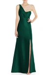 Alfred Sung One-shoulder Satin Twill Trumpet Gown In Hunter Green