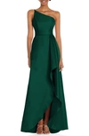 Alfred Sung One-shoulder Satin Gown With Draped Front Slit And Pockets In Hunter Green