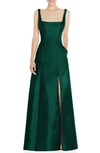 Alfred Sung Square Neck Satin A-line Gown In Hunter Green