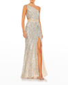 Mac Duggal One-shoulder Sequin Cutout Gown In Nude Silver