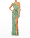 Mac Duggal Sequined One Shoulder Draped Lace Up Gown In Sage