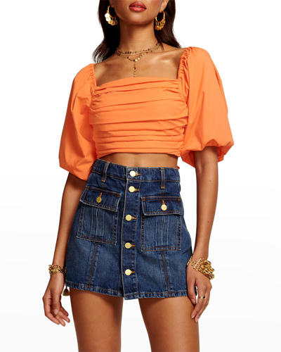 RAMY BROOK PARKER PUFFED SLEEVE SELF-TIE OPEN BACK CROP TOP 