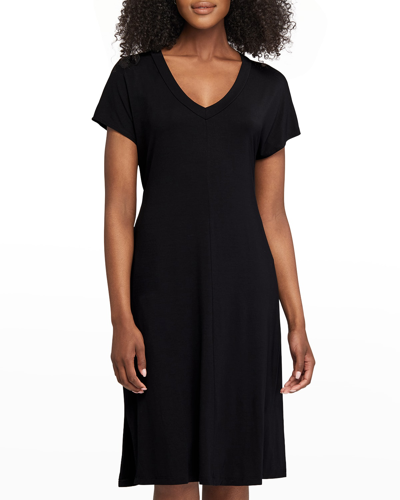 Fleur't V-neck Short-sleeve Lounge Dress In Black