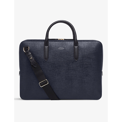 Smythson Panama Large Leather Briefcase In Navy