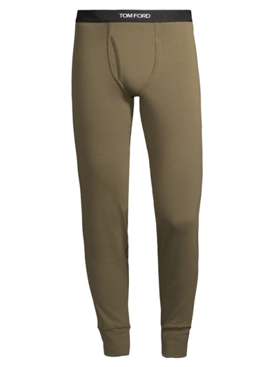 Tom Ford Grosgrain-trimmed Stretch-cotton Jersey Long Johns In Brown Olive