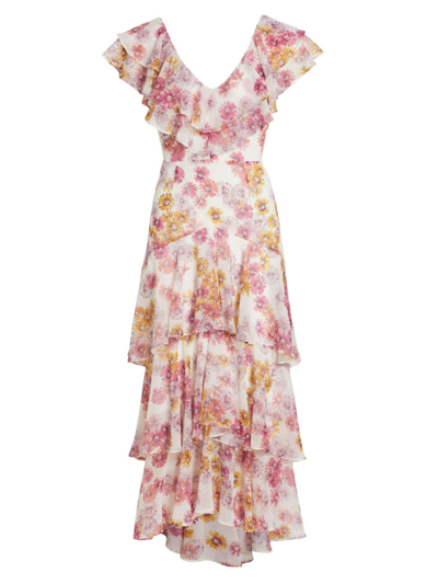 Wayf Floral Tiered Ruffle Midi-dress In Magenta Daisies