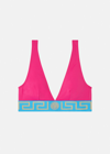 Versace Pink Greca Border Triangle Bikini Top In Fuchsia+blue
