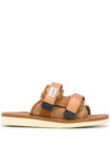 Suicoke Medium Brown Moto Shearling-trim Slides In Brown