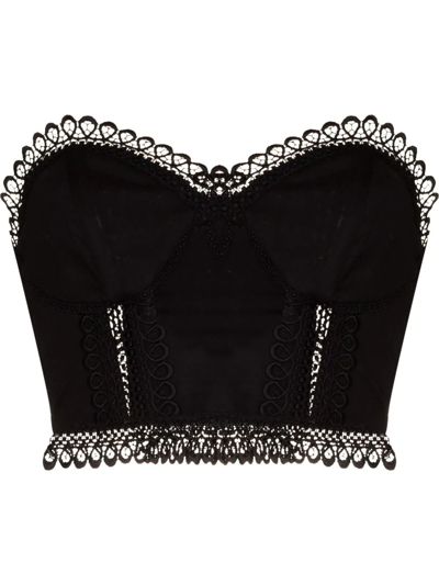 Charo Ruiz Lys Cropped Guipure Lace-trimmed Cotton-blend Voile Bustier Top In Black