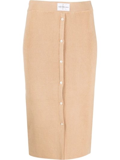 Calvin Klein Jeans Est.1978 Buttoned Rib-knit Pencil Skirt In Nude