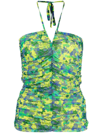 Ganni Halterneck Ruched Floral-print Jersey Top In Green