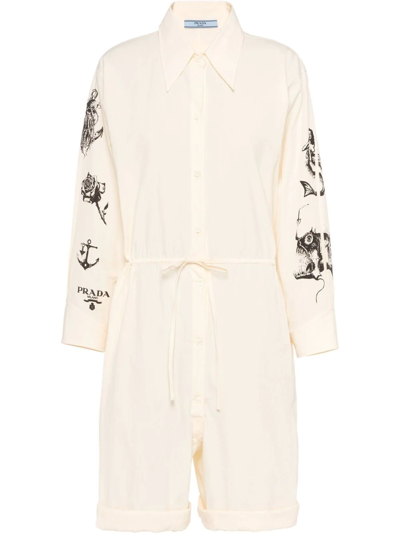 Prada Printed Chambray-canvas Jumpsuit In White