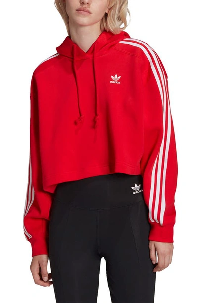 Adidas Originals Adicolor 3-stripe Logo Cropped Hoodie In Red In White/red