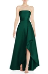 Alfred Sung Strapless Satin Gown With Draped Front Slit And Pockets In Hunter Green