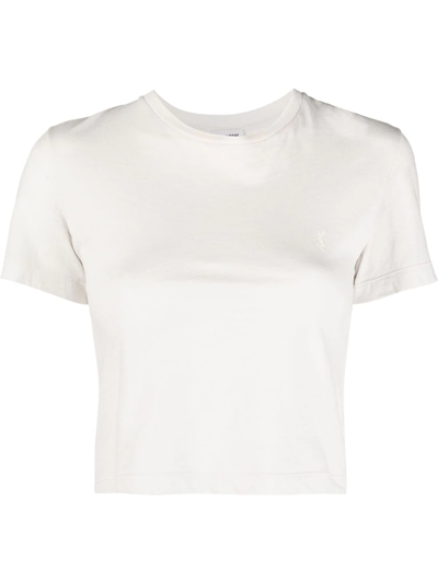 Saint Laurent Logo-embroidered Cropped T-shirt In 9599 -dirty Ecru