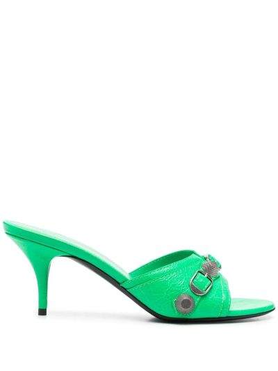 Balenciaga Cagole Studded Crinkled-leather Mules In Green