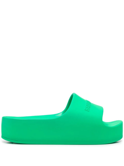 Balenciaga Logo Rubber Slides In Green