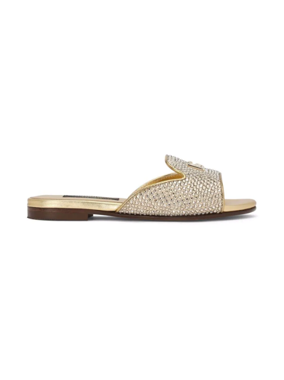 Dolce & Gabbana Kids' Crystal-embellished Leather Slides In Gold