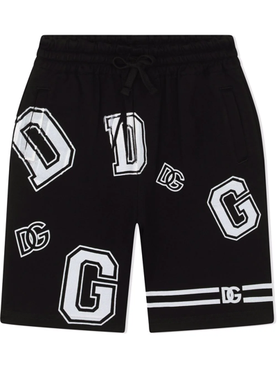 Dolce & Gabbana Kids' Interlock Jogging Shorts With Dg Logo Print In Black