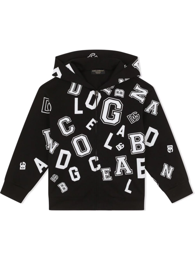 Dolce & Gabbana Kids' Logo Lettering-print Zip-front Hoodie In Black