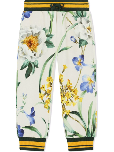 Dolce & Gabbana Kids' Floral-print Cotton Track Trousers In Neutrals