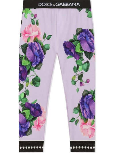 Dolce & Gabbana Kids' Floral-print Logo-waist Leggings In Purple