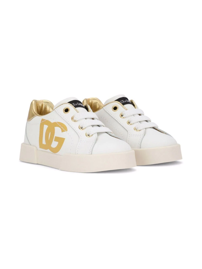 Dolce & Gabbana Babies' Embroidered Logo Leather Sneakers In White