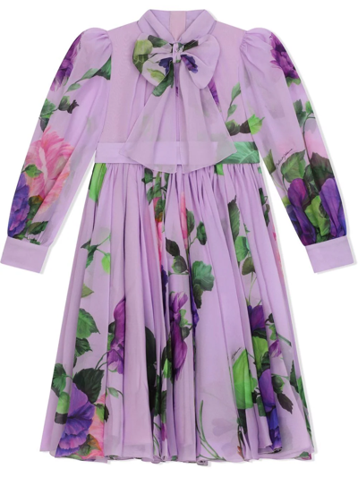 Dolce & Gabbana Kids' Floral-print Pussybow Dress In Purple