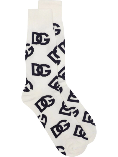 Dolce & Gabbana Logo Knit Cotton Socks In White
