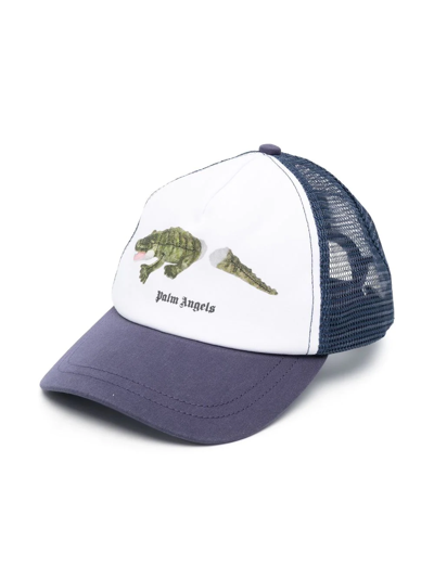 Palm Angels Kids Navy & White Crocodile Cap In Blue