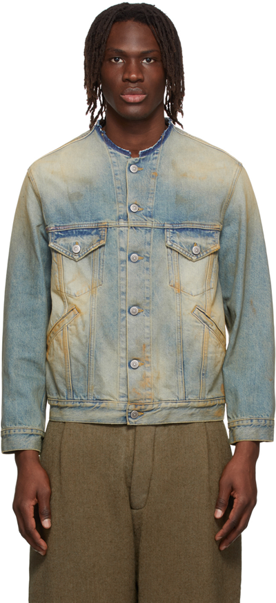 Maison Margiela Collarless Dirty Wash Denim Jacket In Multi