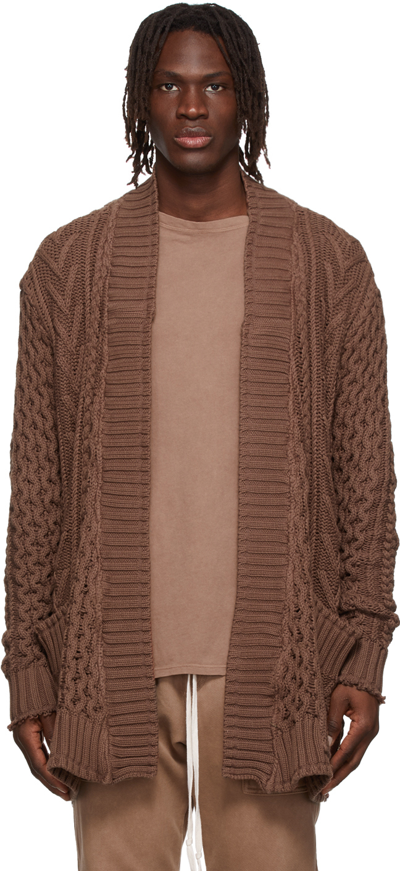 Greg Lauren Cable-knit Distressed Cotton Cardigan In Brown