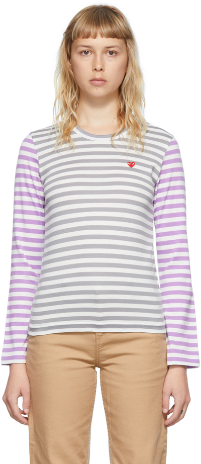 Comme Des Garçons Play White Cotton Long Sleeve T-shirt In Grey/purple