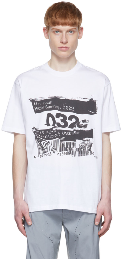 032c Barcode Glitch Tee White Cotton T-shirt With Barcode Graphic Print - Barcode Glitch Tee In Bianco