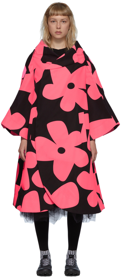 Comme Des Garçons Floral-print Oversized Asymmetric Coat In Black Pink