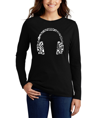 La Pop Art Women's Long Sleeve Word Art Music Note Headphones T-shirt In Black