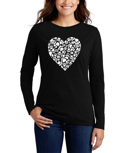 La Pop Art Women's Long Sleeve Word Art Paw Prints Heart T-shirt In Black