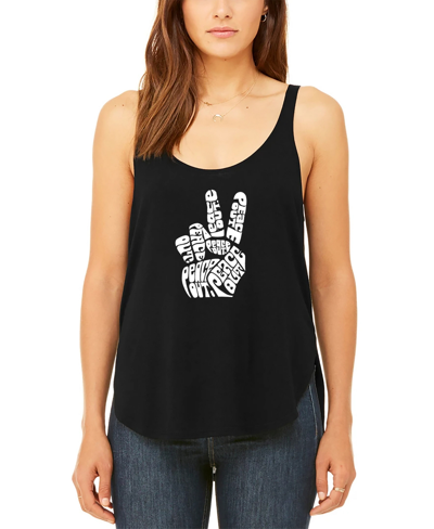 La Pop Art Women's Premium Word Art Flowy Tank Top- Peace Fingers In Black