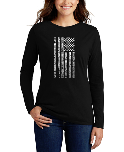 La Pop Art Women's Long Sleeve Word Art National Anthem Flag T-shirt In Black